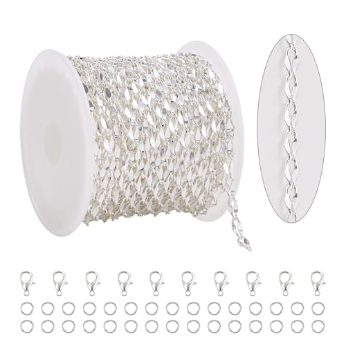 KYUNHOO 5 Meters Thin Cable Link Jewelry Making Chains Spool Silver Plated Copper Chains with Lobster Clasps Jump Rings for Crafts DIY Finding Supplies - color: Lip Silver