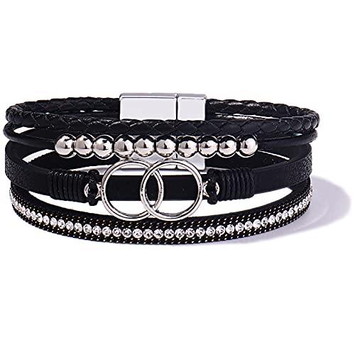 FANCY SHINY Mothers Day Gifts Boho Leather Wrap Bracelet Stackable Infinity Chunky Cuff Bracelets Western Hippie Outfits Jewelry Valentine Gifts for Women - color: Black
