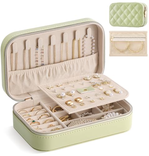 Lolalet Travel Jewelry Case for Women Girls, PU Leather Jewelry Organizer with Clear Storage Bag Small Portable Jewelry Box for Necklace Bracelet Earring Ring Mothers Day Birthday Gifts -Medium/Green - color: Green, size: Medium (6.8"W*4.4"D*2.2"H)