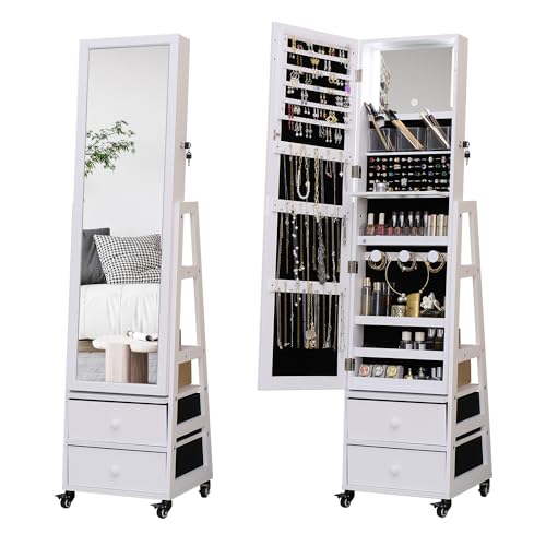 Jewelry Cabinet Standing Mirror with Drawers Wheels Full Length Mirror Jewelry Storage with Touch Screen Vanity Mirror Rotatable Jewelry Armoire Organizer with Lock White Christmas Gift for Women - color: Off White, size: 63*16+No LED Lights
