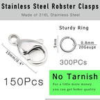 450Pcs No Tarnish Stainless Steel Lobster Claw Clasps & Jump Rings for Jewelry Making, Necklace Bracelet Findings & Supplies