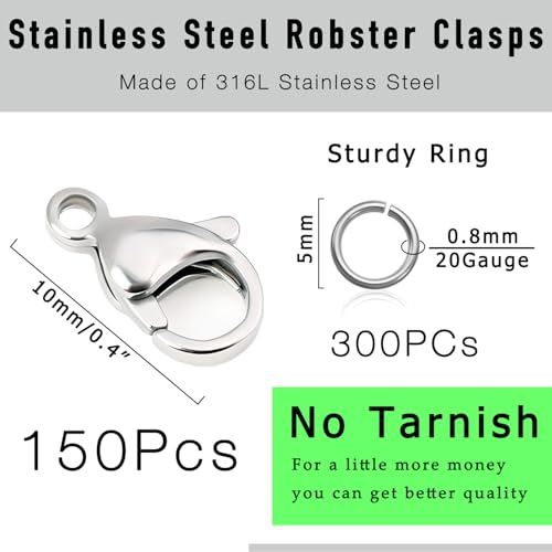 450Pcs No Tarnish Stainless Steel Lobster Claw Clasps & Jump Rings for Jewelry Making, Necklace Bracelet Findings & Supplies