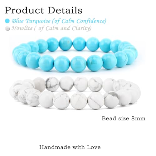 NCB 2.3-Piece 4mm Natural Crystal Gemstone Stretch Bracelets – Handmade Reiki Energy Healing Jewelry for Meditation,Yoga, Unisex - color: 2PCS ( Blue Turquoise+Howlite ), size: 8mm