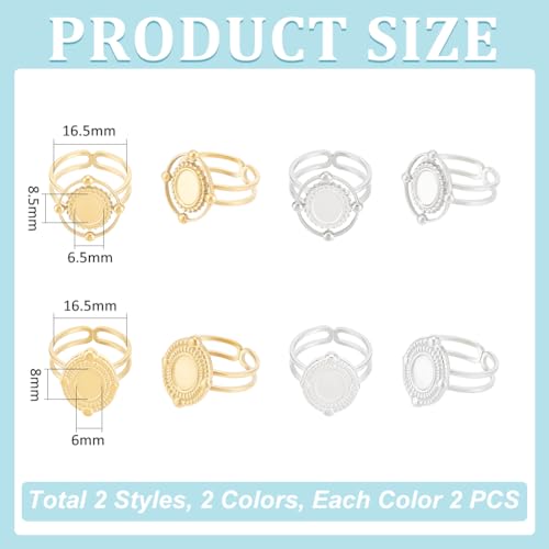 UNICRAFTALE 8Pcs 2 Colors Stainless Steel Open Cuff Rings Components Bezel Cup Ring Settings Gold Plated Oval Pad Ring Blanks Base Adjustable Blank Rings Tray 8~8.5x6~6.5mm for Jewelry Making - size: Tray: 8.5x6.5mm