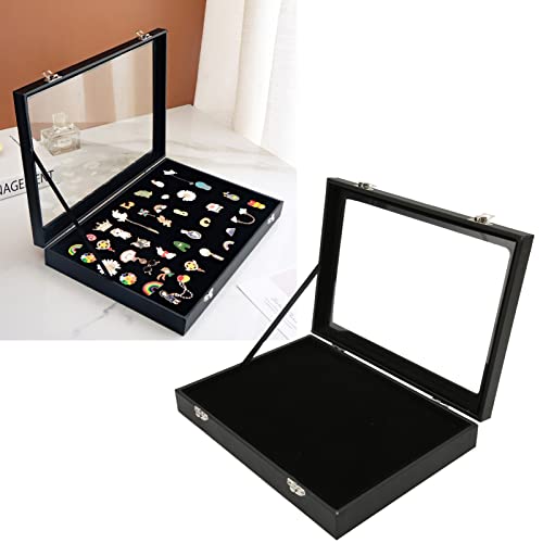 Pin Display Case Premium Transparent Glass Lid Jewelry Storage Box With Lock Buckle For Brooch Badge Medal Collection Black 28x20x5cm