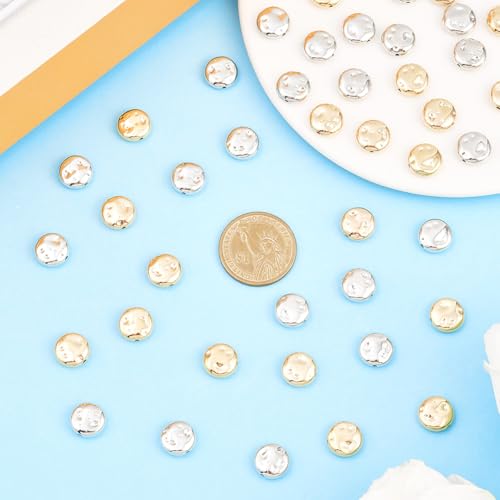 1 Box 200PCS Flat Round Plastic Beads with Small Holes Assorted Light Gold Silver Handmade Spacer Loose Platinum Bead Charms Bulk for Jewelry Making Necklaces Bracelets DIY Craft Supplies - style: Round