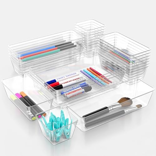 25 Piece Clear Drawer Organizer Set, 4 Sizes Bathroom Vanity Organizer Trays and Storage Bins for Makeup, Cosmetics, Jewelry, and Gadgets. Perfect for Office, Kitchen, Bedroom, Bathroom Use. - size: 25pcs-4size