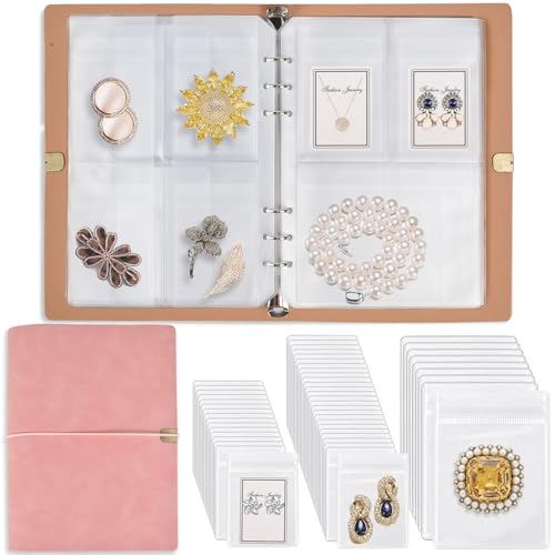 ChezMax Jewelry Organizer, Jewelry Storage Book with Pockets, Foldable Earrings Travel Album, PU Leather Accessories Holder Booklet for Necklace Rings (64 Grids+64 Anti-Oxidation PVC Bags) Pink - color: C-Pink