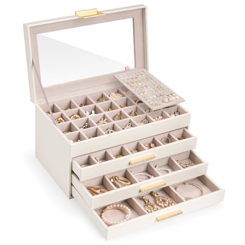Lolalet Earring Storage Box Case with Glass Top, Large Earring Jewelry Holder Organizer Display with Drawer and Grid, Mothers Day Gifts -4 Tiers, Cloud White - color: Cloud White, size: 4-Tier