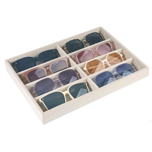 Sunglass Organizer, 8 Grids Beige Velvet Glasses Tray for Eyeglasses Watches Jewelry Display Handmade Craft Storage Box for Home or Shop, Large Capacity 13.8"x9.4" Men Women - color: YH-Beige