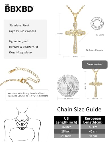 Stainless steel Cubic Zirconia Cross Necklace for Women Pendant with Chain 16"/18"+2" Perfect Jewelry Gifts for Birthday Christmas Mothers Day Wedding - size: 18+2 inches, style: 18K Gold Plated