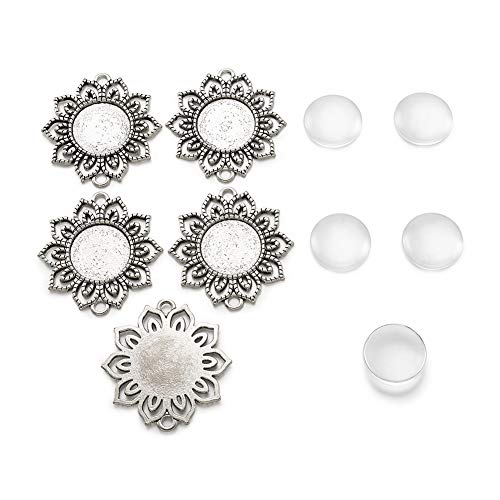 FASHEWELRY 10 Sets Alloy Flat Round Flower Edge Bezel Pendant Trays with Glass Cabochons Tibetan Style Blank Base Connector for DIY Photo Pendant Making - color: 18mm-10 Sets