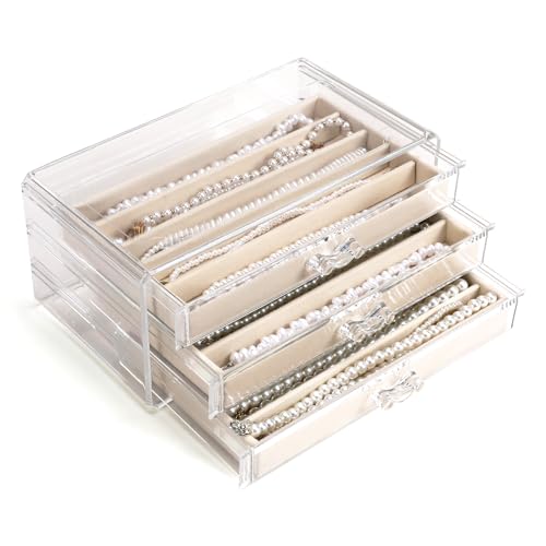 CLUQMEIK Necklace Organizer Box with Clear Lid, Dustproof Velvet Jewelry Holder Storage Display Case, Stackable Acrylic Necklace Tray Drawer Insert for Women and Girls (Beige,3 Drawers) - color: BEIGE-3Layer
