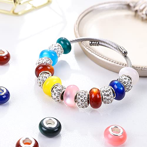 100 Pieces 14mm European Large Hole Spacer Beads Mix Color with Silver Brass Cores Assortments Charm Lampwork Beads Supplies for Necklace Bracelets Jewelry Making (Cat Eye) - color: Cat eye
