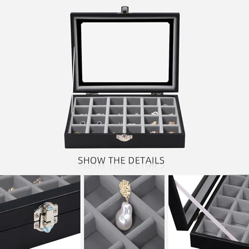 Wudygirl Small Jewelry Organizer Ring Box Velvet Jewelry Box Earring Organizer with Clear Lid Jewelry Tray for Women Girls Jewelry Display Case Drawer Inserts 24 Grid (Gray) - style: Black Gray 24 Grid
