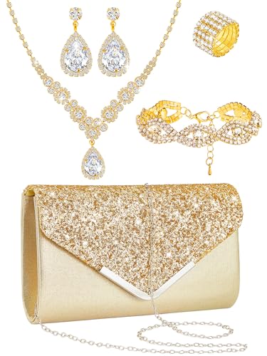 Henoyso 5 Pcs Rhinestone Jewelry Sets Prom Purse Jewelry Rhinestone Clutch Purse Bride Necklace Earrings Bracelets for Women - color: Gold