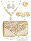 Henoyso 5 Pcs Rhinestone Jewelry Sets Prom Purse Jewelry Rhinestone Clutch Purse Bride Necklace Earrings Bracelets for Women - color: Gold