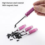 9-Piece Mini Screwdriver Set with Nut Drivers - 1.5mm, 2.0mm, 2.5mm Hex, 4mm, 5.5mm, 0+, 1-, Slotted, 17mm Wrench - Pink Handles - Compact Tool Kit for Electronics, Jewelry, Glasses Repair