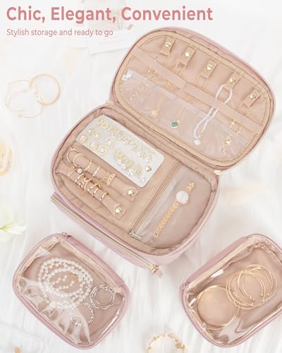 Jewelry Travel Case with 2 Clear Pouches, 2-Layer Jewelry Organizer Storage Bag for Necklaces, Earrings, Rings, Bracelets, Pink(Empty Bag) - color: Pink