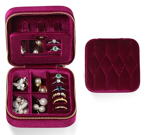 Velvet Jewelry Box – Travel Jewelry Case Organizer with Mirror, Adjustable Compartments for Women | Luxury Storage Case & Gift for Her - Rose Purple - color: Rose Purple