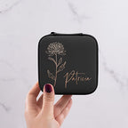 Custom Leather Jewelry Box w/Name & Birth Flower Month - Birthday Gifts for Women, Personalized Jewelry Travel Case - Customized Jewelry Organizer Box, Mom Birthday Gifts - Black - color: Black