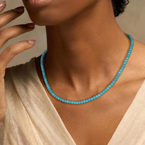 Crystal Choker Necklaces for Women,4mm Handmade Natural Stone Choker Beaded Necklace Healing Crystal Necklace Gemstone Bead Necklaces for Women - color: Turquoise