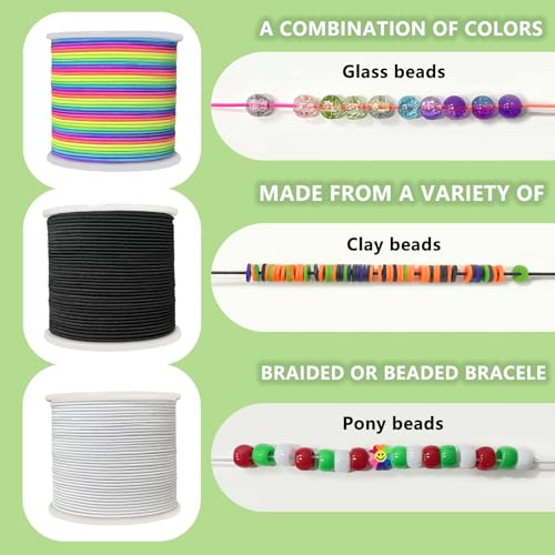 3 Rolls 1.0 mm 255 Feet Rainbow/White/Black Elastic Bracelet Stretchy String Cord, Stretch Bead Cord for Bracelets Jewelry Making, Necklaces, Beading and Crafts - size: 255ft