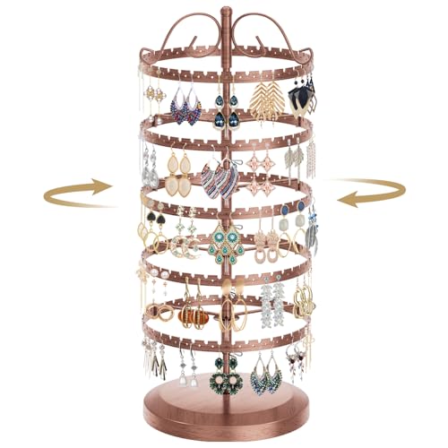 LASZOLA 5 Tier Bronze Earring Holder Organizer Tree Women Display Storage for Stud and Hoop, Large Cool Rotating Clip Stand for Pierced and Dangle Earring, Vertical Metal Tower Carousel with 400 Holes - color: Brown, size: 5 Tier, 400 Holes