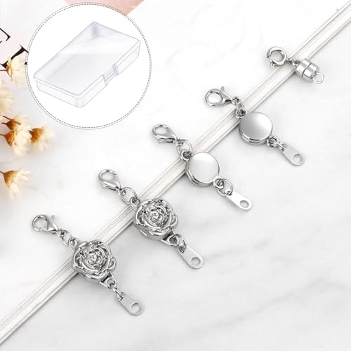 18 Pcs 3 Styles Magnetic Necklace Clasps and Closures, Rose Round Cylindrical Jewelry Magnetic Clasp Connector Locking Magnetic Clasp Bracelet Extender for Jewelry Making (Silver) - color: Silver