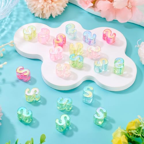 FASHEWELRY 20Pcs Large Hole Acrylic Beads Letter S Iridescent Big Plastic Letter Blocks European Beads Clear 3D Letters Initial Alphabet Bead for Keychains Necklace DIY Arts Craft - color: Random Clear, size: S