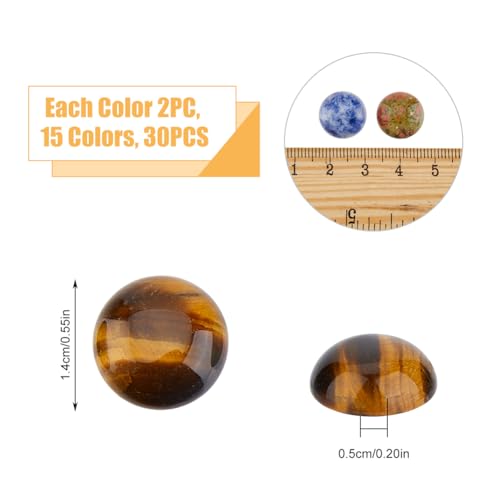 SUPERFINDINGS 30PCS Gemstone Cabochons 15 Styles Flat Round Cabochons 1.4cm/0.55in Crystal Quartz Stone for Earring Necklace Bracelet Jewelry Making - size: 14mm