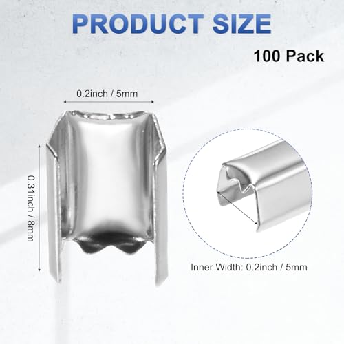 M METERXITY 100-Pack Fold Over Crimp End Caps, 0.3 x 0.2in/ 8 x 5mm Crimp Fasteners Ribbon Ends with Clamps for Jewelry Making/Leather Decor/DIY/Bracelets, Belt Buckle End Tip [Silver] - size: 0.3 x 0.2in/8 x 5mm