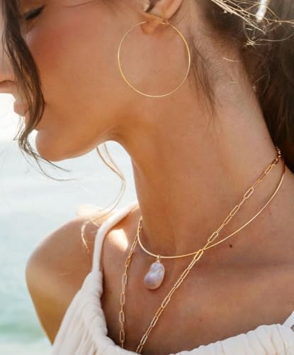 Aobei Pearl 18K Gold Plated Cuff Choker Necklace for Women Chunky Wire Chain Collar Jewelry - style: Round Wire Baroque Pearl