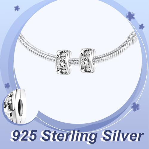 925 Silver Charms Pendants For Pandora Bracelet Golden charms Bead Safety Chain Clip set Heart Flower Animal Beads Family, Mom, Friend, Daughter, Birthday, Jewelry Gift - style: F-Moon Star Clip*2