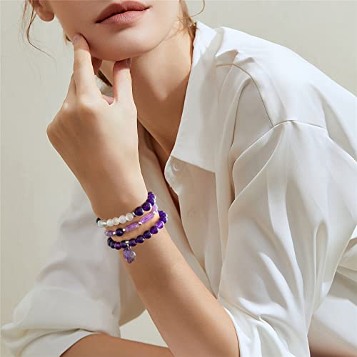 Vinswet Healing Crystal Beaded Bracelets for Women,Natural Amethyst Gemstones Bracelet,Anxiety Stress Relief Heart Charm Bracelet Handmade purple Jewelry Gifts for Women - color: Amethyst&6Moonstone