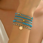 5Pcs Bohemian Multilayer Crystal Beads Stackable Bracelets Y2K Circle Disc Coin Pendant Colorful Beaded Elastic Stretch Bracelets for Women Boho Beach Vacation Holiday Jewelry Gift - color: Blue
