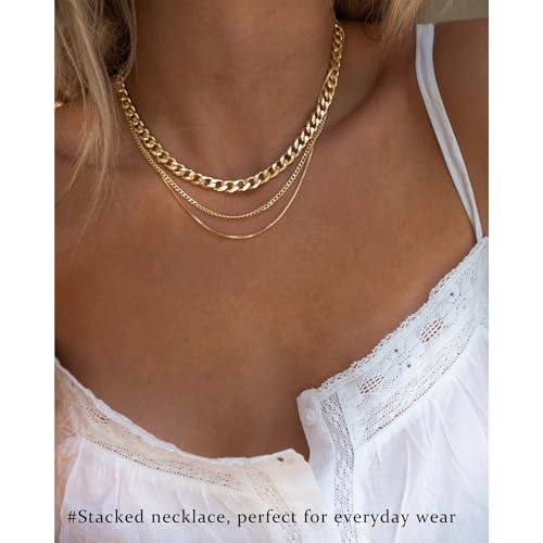 3PCS Gold Necklaces for Women,Chunky Statement Gold Plated Necklace Stack Layered Sterling Silver Herringbone Chains for Women Dainty Trendy Silver Chains Stacked Jewelry Gifts - color: gold statement necklace set