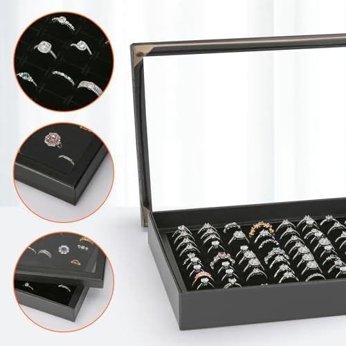 KUKUVR 100 Slots Ring Earring Holder Display Case, Velvet Jewelry Ring Earring Storage Organizer Box Tray with Clear Lid for Women And Selling Show (Black) - color: Black