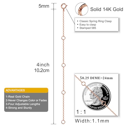 14K Solid Gold Necklace Extender Real Bracelet Extender 2 3 4 Inch Durable Adjustable Chain Gold Anklets Extension for Women 2" 3" 4" (14K Rose Gold-4 IN) - color: 14K Rose Gold-4 IN