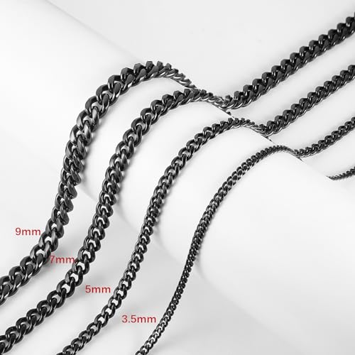 HZMAN Cuban Chain for Men - Stainless Steel Gold & Silver Diamond Cut Hip Hop Link Chains - 3.5mm/5mm/7mm/9mm - 16-30 Inch - color: 3.5mm Black, size: 20In