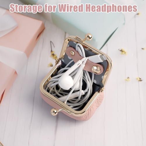 2 Pcs Genuine Leather Mini Jewelry Box, Portable Travel Jewelry Case Organizer for Women, Small Coin Purse with Kiss Lock for Earring Rings Necklace Bracelet Earphone Gift(Pink & Black)