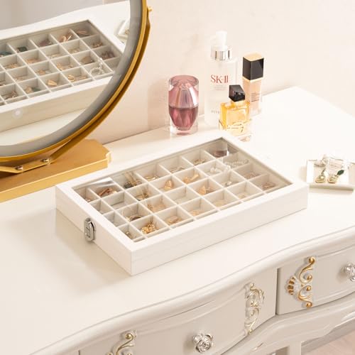 Lolalet Jewelry Organizer Tray with Lid, 35 Grids Velvet Earring Organizer Holder Storage Box for Drawer -Beige - style: 35 Grid