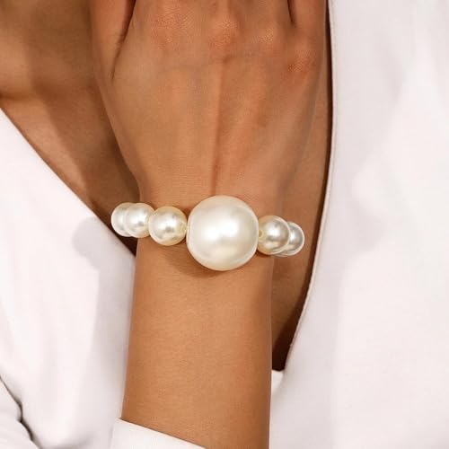 Acrylic Chunky Gold Beaded Bracelet for Women,Extra Big Round Ball Bead Chain Stretch Bracelet,Exaggerated Faux Pearl Bracelets Prom Party Jewelry - color: Pearl