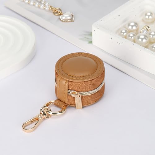 KUKUVR Jewelry Ring Holder Box with Keychain, Portable Gym Jewelry Storage Box Case, Small Travel Ring Earring Stud Necklace Storage Case (Brown) - color: Brown