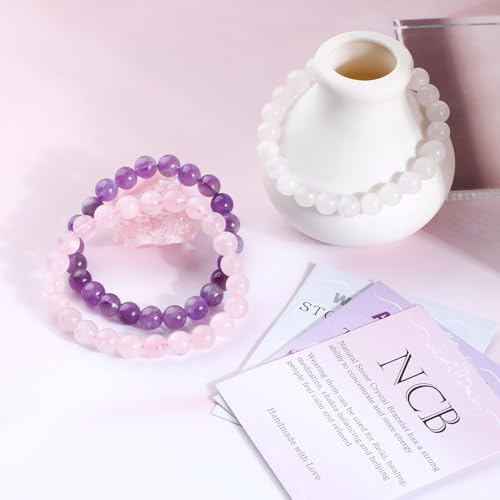 NCB 2.3-Piece 4mm Natural Crystal Gemstone Stretch Bracelets – Handmade Reiki Energy Healing Jewelry for Meditation,Yoga, Unisex - color: 3PCS ( Amethyst+Pink Quartz+White Jade ), size: 8mm