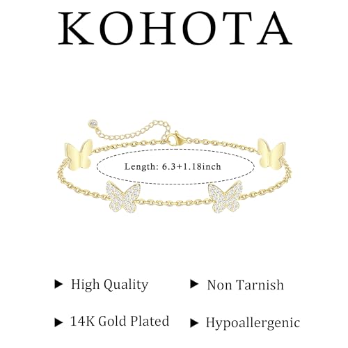 KOHOTA Silver Gold Bracelets for Women Trendy 14K Gold Plated Bracelet for Women Non Tarnish Dainty Stackable Clover Flower Heart Butterfly Diamond CZ Charm Station Bracelets Stack Jewelry Gifts - color: F: Butterfly-Gold