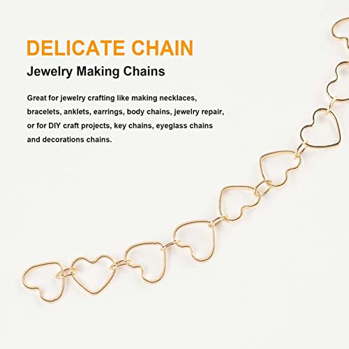 KYUNHOO 5M KC Gold Plated Jewelry Making Chains Link Heart Chains Bulk on Spool Jewelry Supplies Findings Chain Roll with Jump Rings and Lobster Claps - color: Heart Gold