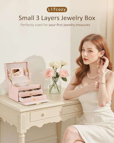 Jewelry Box for Girls Women, 3-Layer Jewelry Organizer with Mirror and Portable Handle, Small Jewellery Organizers for Young Women, Teenage Girl, 17.2 x 13.5 x 12.5 cm Pink