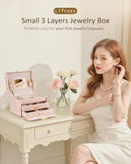 Jewelry Box for Girls Women, 3-Layer Jewelry Organizer with Mirror and Portable Handle, Small Jewellery Organizers for Young Women, Teenage Girl, 17.2 x 13.5 x 12.5 cm Pink
