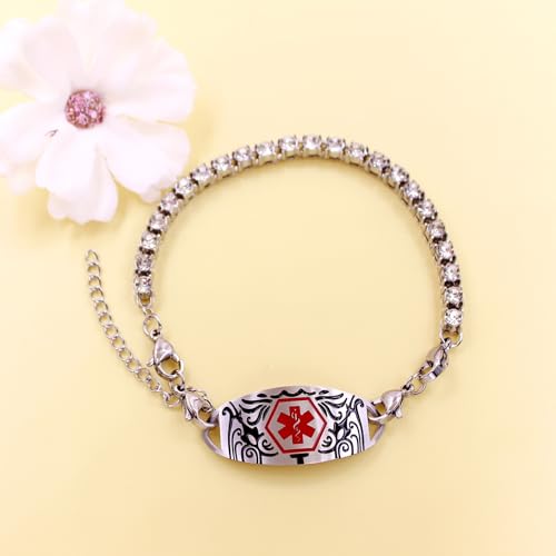 Women's Medical ID Bracelet with White Zircon Tennis Chain, Interchangeable Engraved Plate, Adjustable Lobster Clasp, Lightweight, Hypoallergenic, for Running, Outdoor, Daily Wear - color: Red-WARFARIN